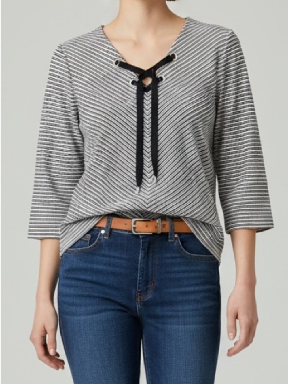 Northern Reflections Top  V-Neck Nautical Tie Front Blue White Stripes Medium